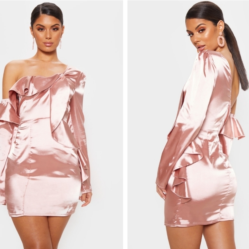 💘🆕️PLT size 0 Rose Satin Asymmetric Sleeve Frill Bodycon Dress